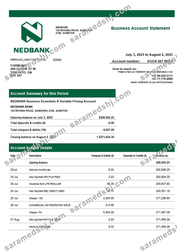 Nedbank firm statement Word and PDF template